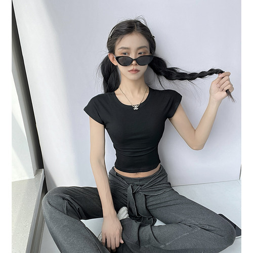 skims易梦玲同款正肩短袖t恤女基础款弹力修身显瘦小圆领短上衣
