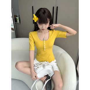 MianCun美式亨利领基础中袖t恤女夏季新款修身掐腰显瘦五分袖上衣