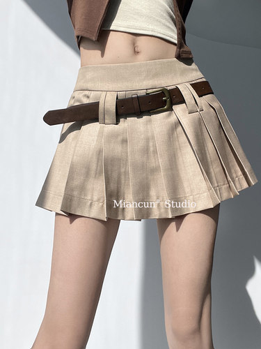 美式校园风复古腰带百褶短裙女