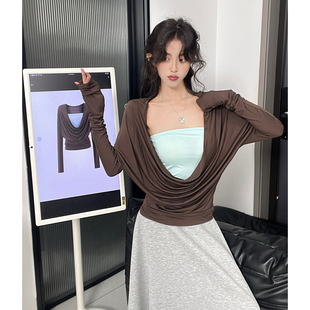 MianCun天丝荡领假两件上衣女蝙蝠袖复古高级感拼接纯欲风长袖T恤