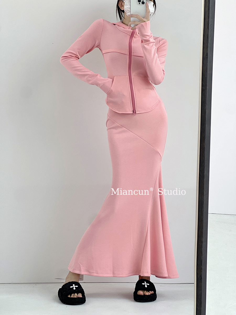 辣妹连帽运动卫衣套装女炸街高级感2025新款春秋季鱼尾长裙两件套