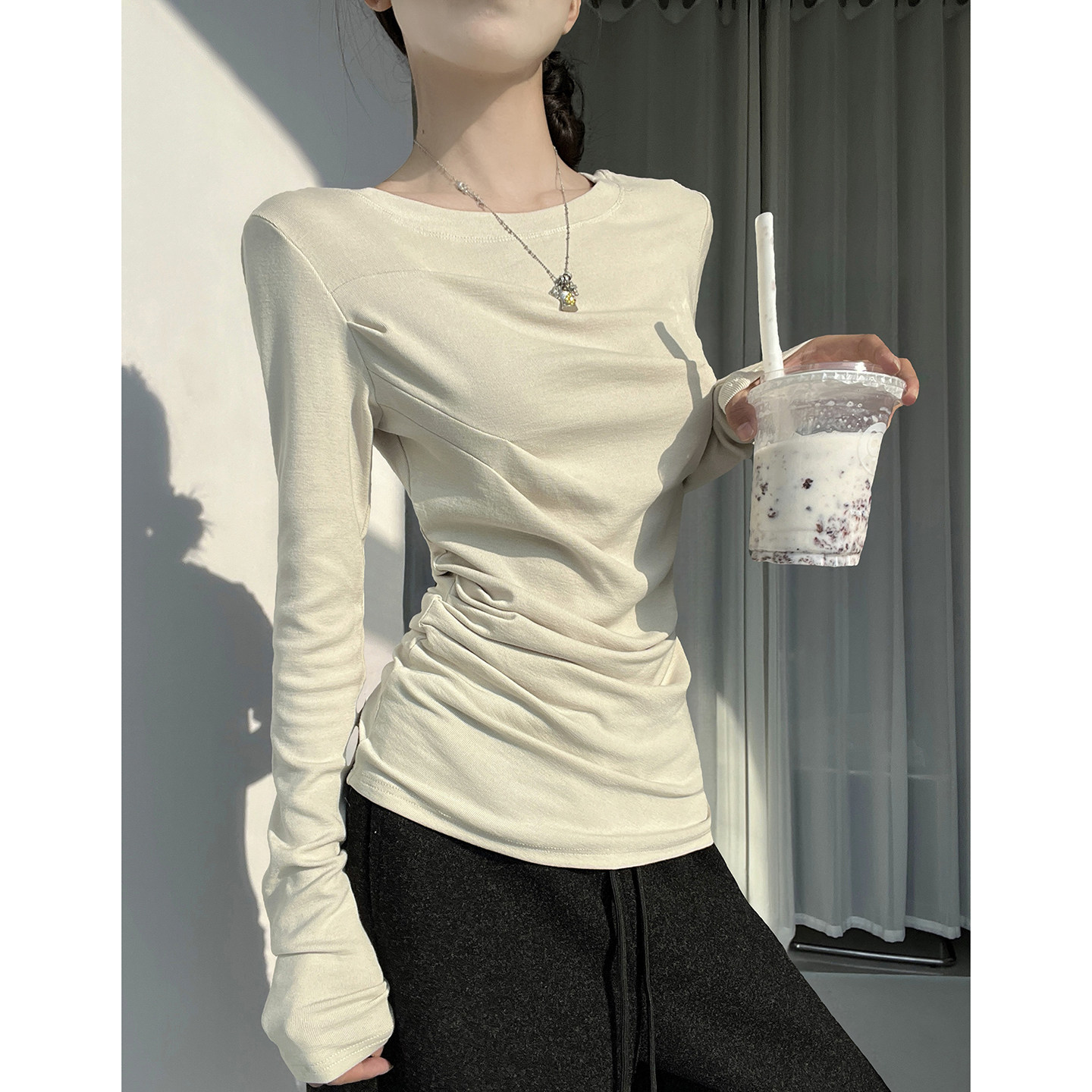 MianCun2025秋冬新款褶皱长袖t恤女保暖内搭打底仿羊绒针织上衣,女装/女士精品,T恤,淘宝优惠券,粉丝福利购,淘宝优惠卷