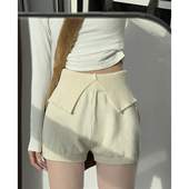 MianCun美式 显瘦紧身热裤 复古杏色翻腰针织包臀短裤 女春夏新款