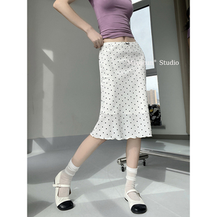 MianCun法式复古格子波点蝴蝶结半身裙女夏miu系雪纺中长鱼尾裙子