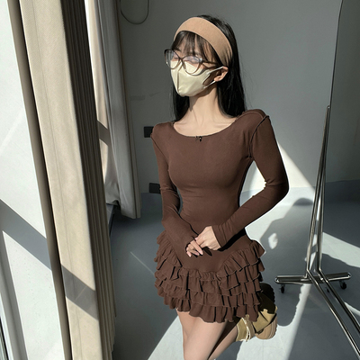 荷叶边设计感花苞连衣裙女