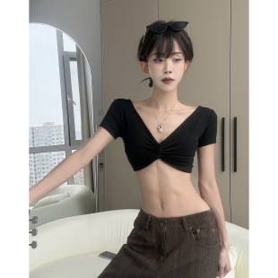 辣妹风V领扭结露脐性感喇叭袖 短袖 T恤女夏季 2026新款 上衣 高腰短款