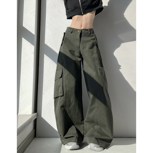 水洗旧阔腿裤 美式 女微廓形弯刀休闲裤 裤 复古不对称解构大口袋工装