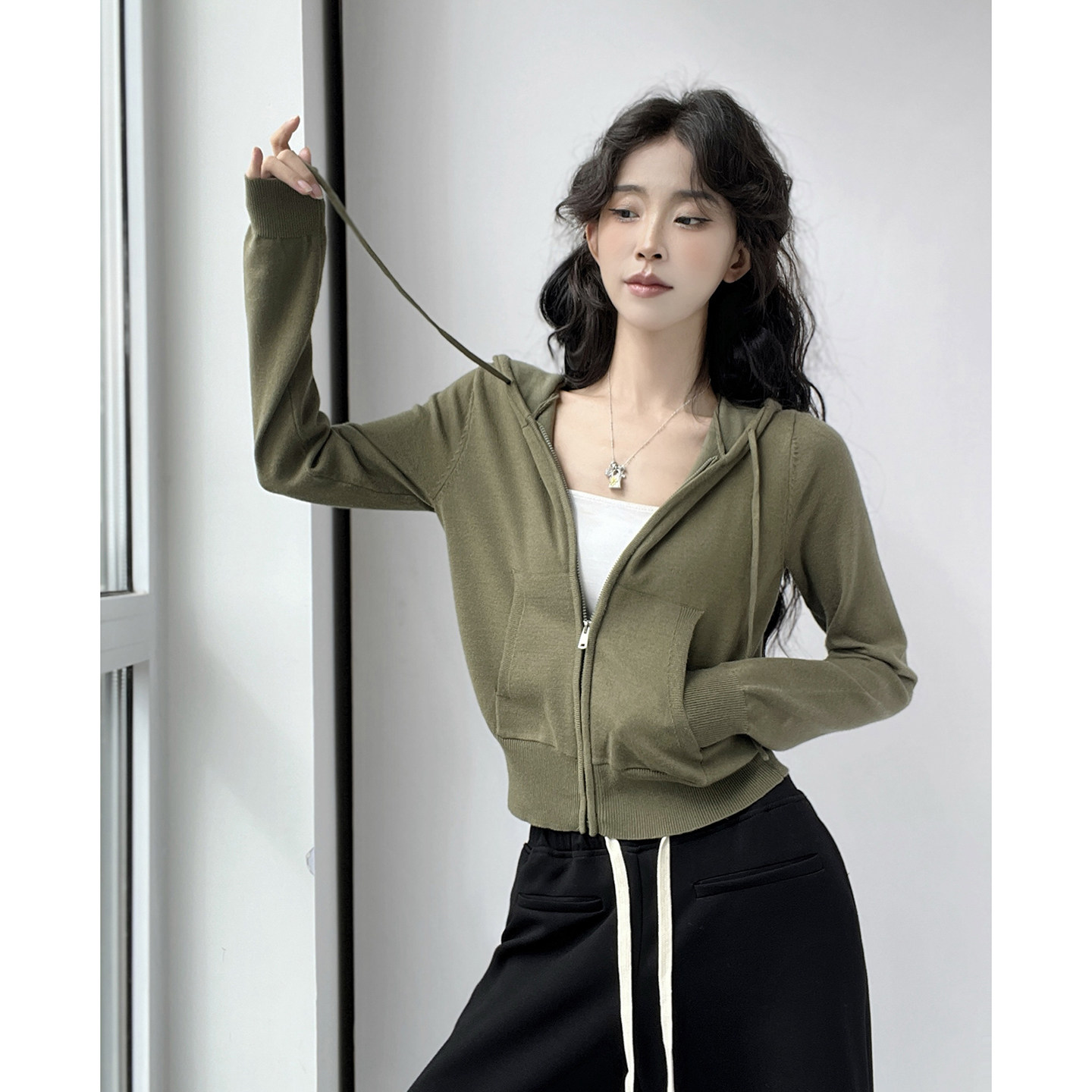 MianCun明星同款经典基础款软薄针织开衫女连帽拉链弹力毛线外套