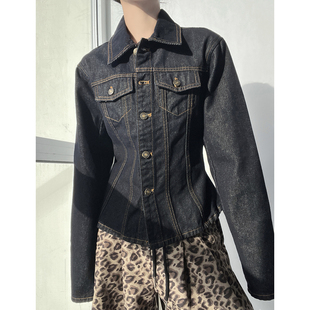 美式复古深蓝色口袋牛仔衬衫女修身显瘦polo领挺阔有型长袖外套
