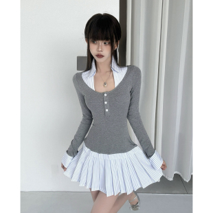 a字裙修身 MianCun高级感假两件长袖 辣妹衬衫 新款 裙子 连衣裙女春季