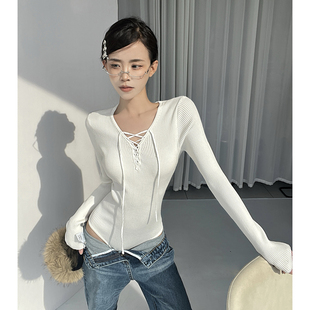 MianCun朦胧撩欲氛围交叉绑带坑条针织打底衫内搭T恤女连体上衣