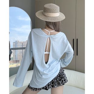 MianCun后背镂空t恤女宽松薄款防晒罩衫小心机设计感露背长袖上衣