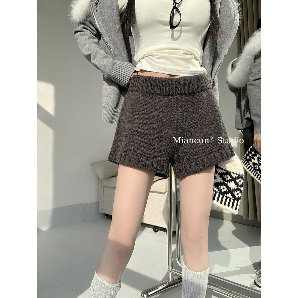 棉村 休闲针织短裤女秋冬高腰显瘦宽松直筒裤黑灰色韩系辣妹裤子,女装/女士精品,休闲裤,淘宝优惠券,粉丝福利购,淘宝优惠卷