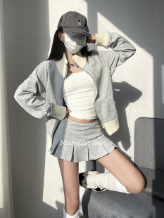 美式辣妹翻领拉链卫衣开衫女慵懒风毛织拼接设计百褶短裙两件套装