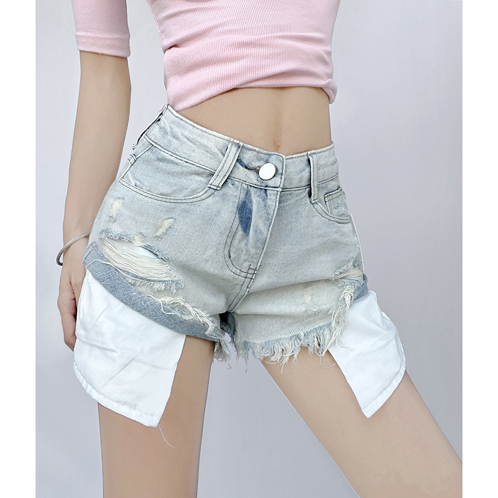 美式破洞毛边漏口袋高腰牛仔短裤女夏季设计感显瘦a字阔腿裤热裤