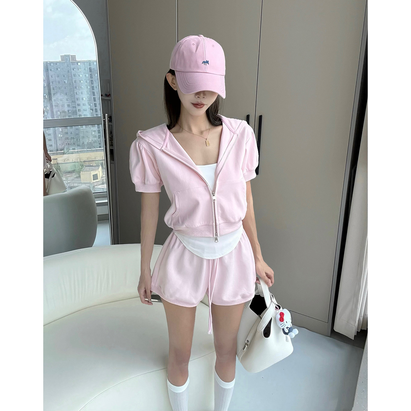 MianCun·泡泡袖连帽短袖休闲卫衣外套抽绳设计花苞短裤套装女