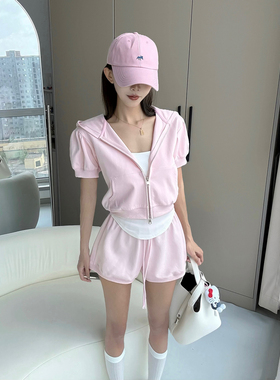 MianCun·泡泡袖连帽短袖休闲卫衣外套抽绳设计花苞短裤套装女