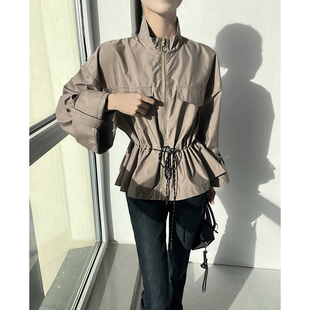 风衣 工装 MianCun美式 复古亚麻混纺抽绳收腰拉链短外套女2026春季