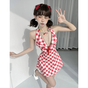 MianCun粉白格甜美小性感露背绑带连衣裙女修身显瘦系带包臀短裙