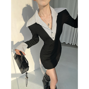 MianCun学院风假两件V领拼接衬衫短裙女收腰修身层次感叠穿连衣裙