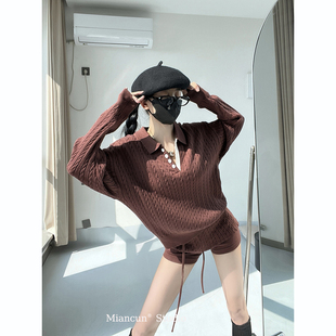 MianCun美式 两件套女 学院风翻领绞花针织毛衣抽绳松紧腰休闲短裤