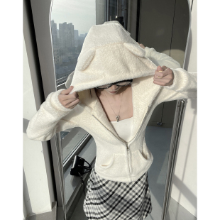 MianCun自制 水貂绒白色女秋冬设计感保暖毛绒外套 软糯小熊修身