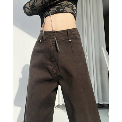MianCun法式松弛感咖色春季新款高腰阔腿牛仔裤女宽松直筒拖地裤