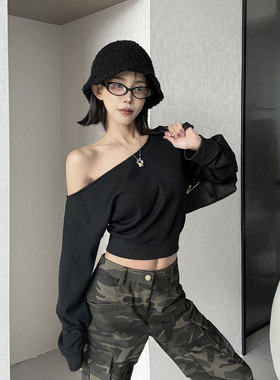 MianCun早秋宽松慵懒露肩斜肩卫衣女美式辣妹黑色一字肩长袖上衣