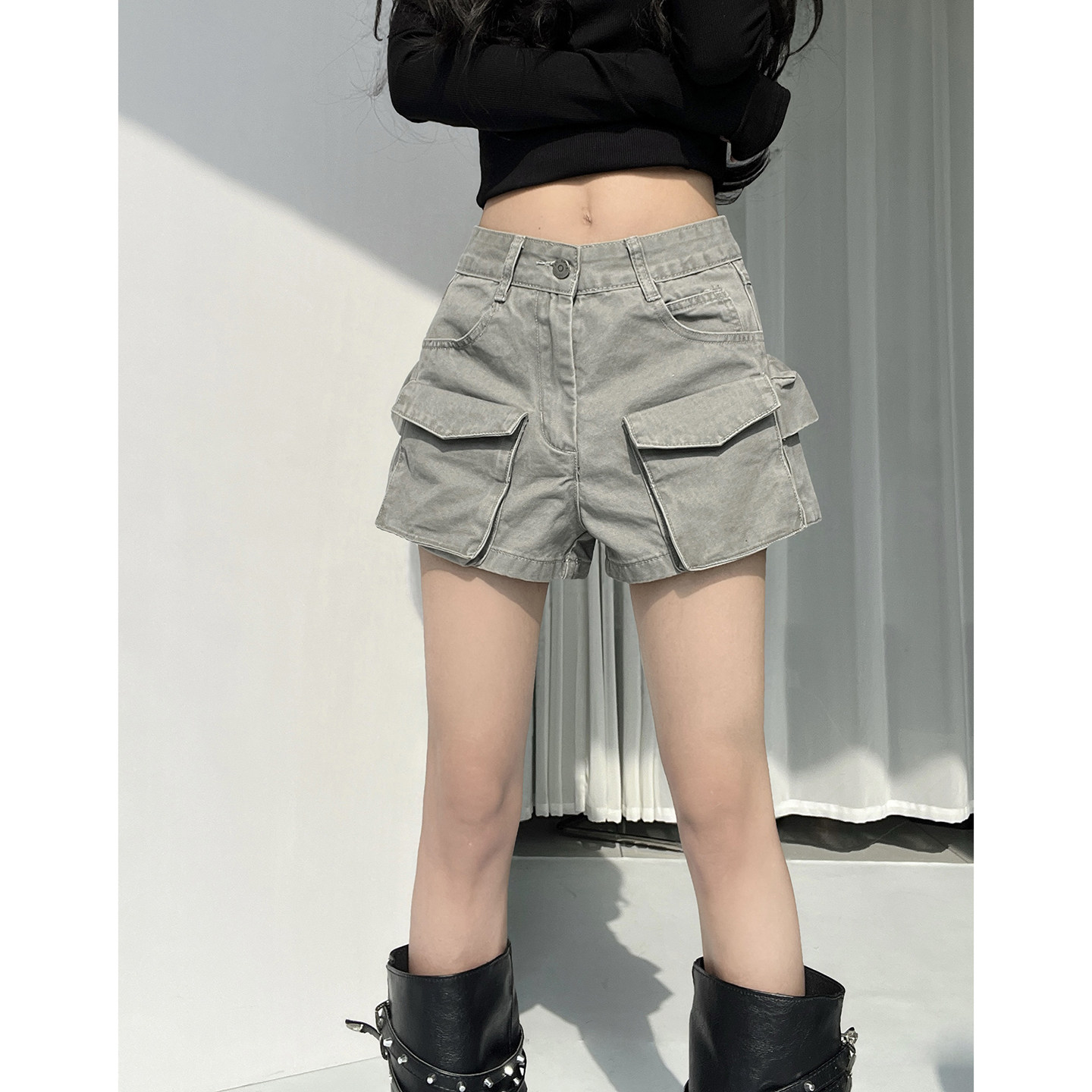 美式复古多口袋工装牛仔短裤女夏季超短裤修身紧身直筒阔腿热裤子