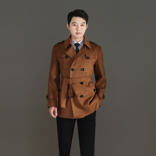 男短款修身双排扣秋冬仿鹿皮绒经典翻领后开叉小风衣