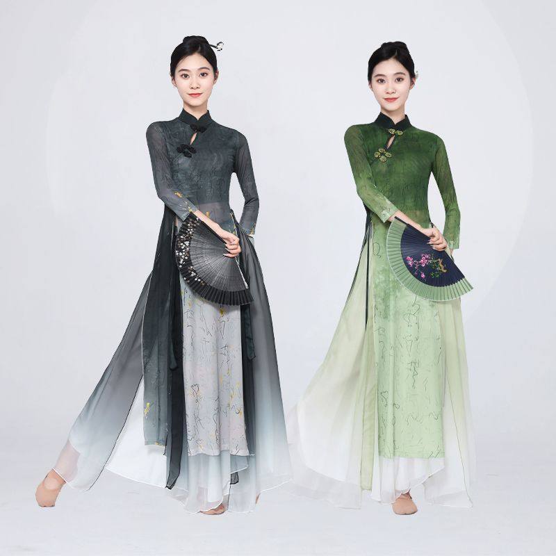 国风古典舞表演渐变中式旗袍纱衣练功艺考民族水墨字