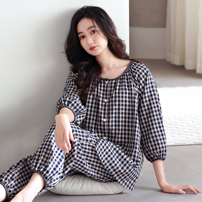 睡衣女士春秋款纯棉七分袖秋季梭织棉纱布中年妈妈大码家居服套装