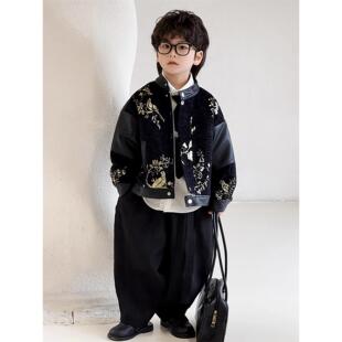 男童立领外套 童装 法国Uamtor2025秋季 男童夹克中国风儿童皮衣新款