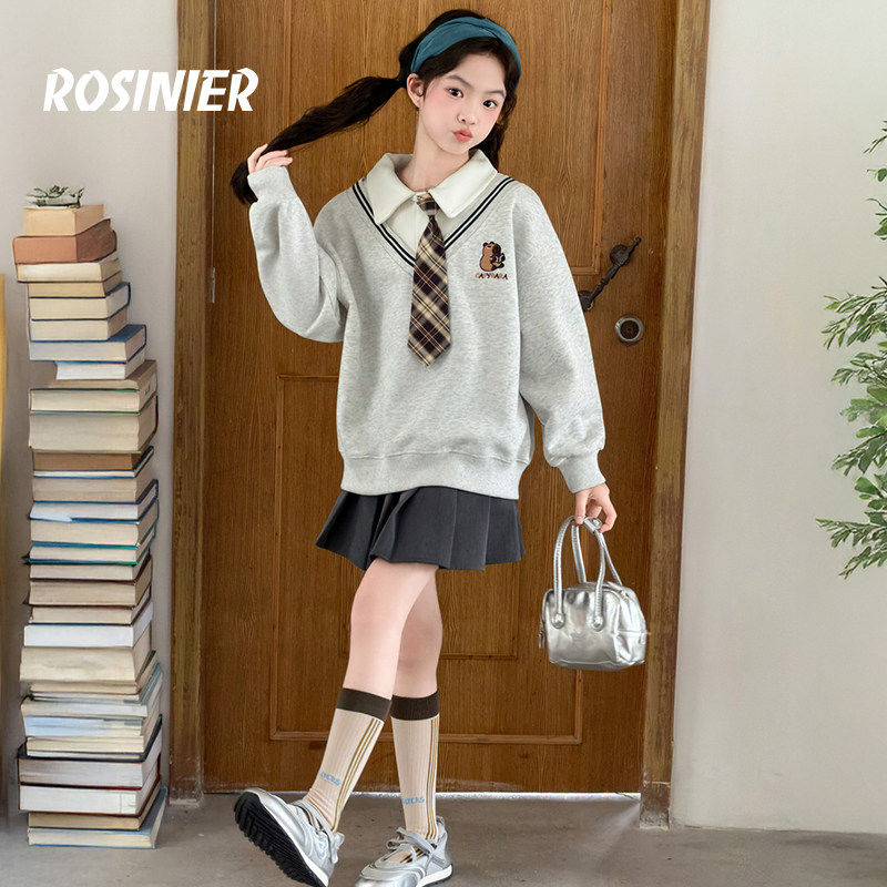 韩国ROSINIER女童卫衣2026新款中大童儿童春季假两件上衣女孩春装