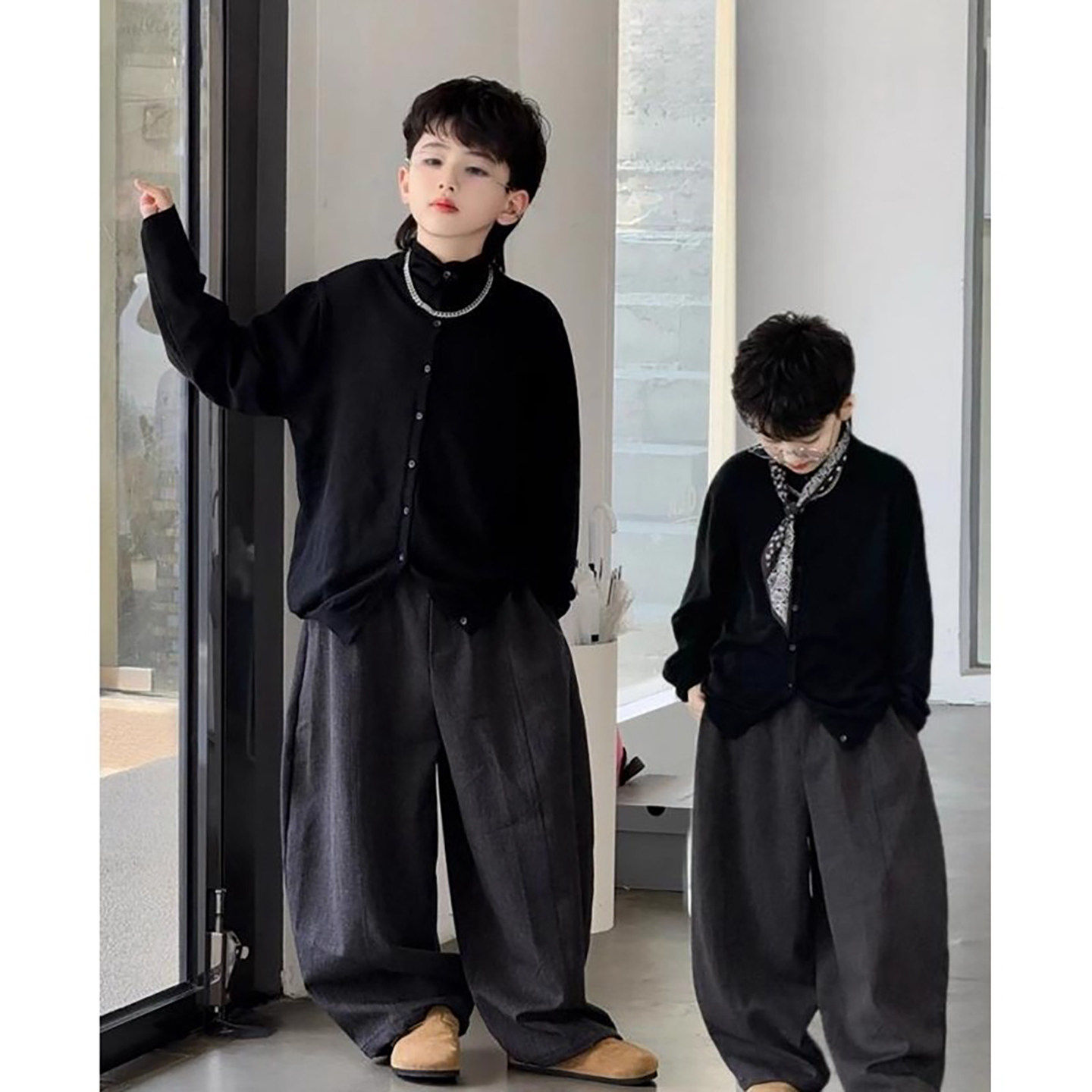 法国Uamtor男童帅气毛衣开衫套装2026春秋时髦休闲西装裤针织外套