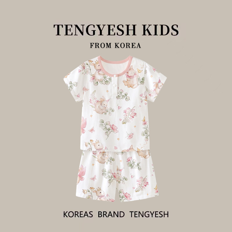 韩国TENGYESH儿童家居服短袖纱布竹棉女宝宝夏季薄款睡衣男童分体