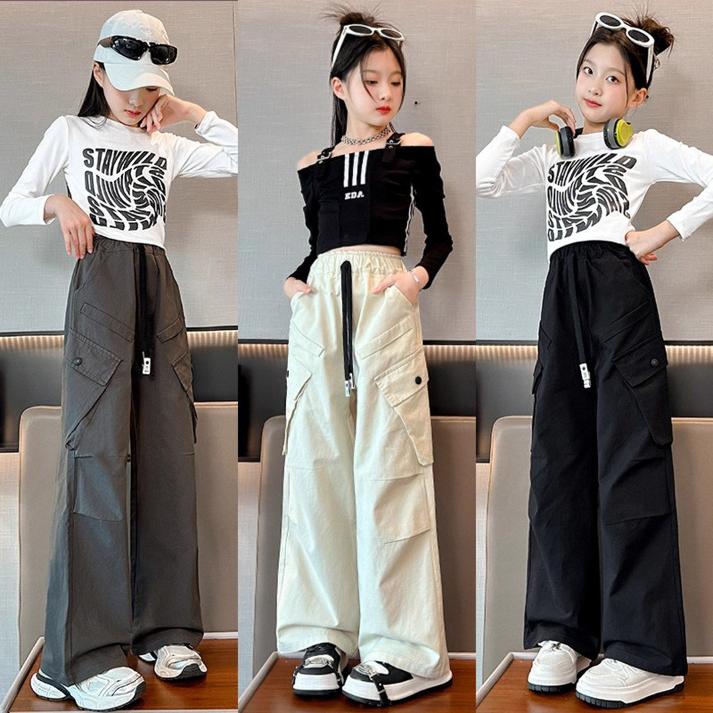 法国Uamtor女童工装裤春秋2026新款洋气女大童潮酷宽松阔腿裤儿童