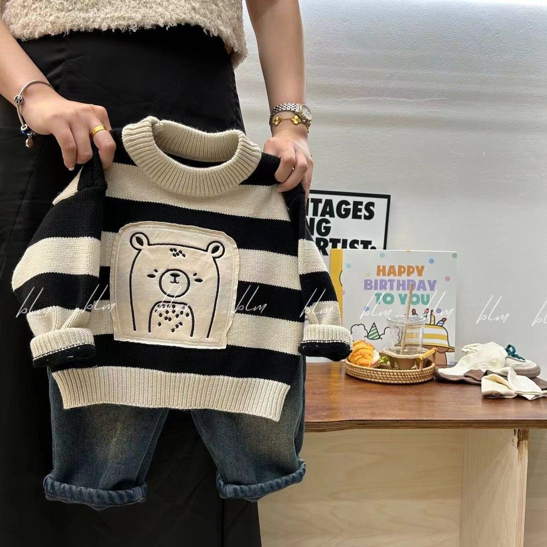 法国slp kiss男童毛衣秋冬款卡通小熊时尚保暖针织套头打底上衣潮