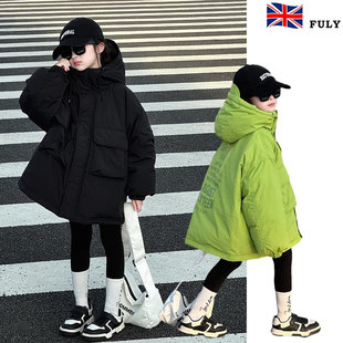 英国FULY儿童三防羽绒服女童中长款加厚90白鸭绒冬装连帽棉服外套