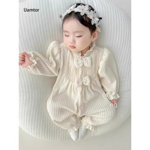法国Uamtor婴儿连体衣服春装女宝宝0一6个月新生公主春秋外出纯棉