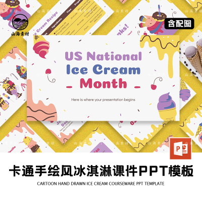卡通手绘风冰淇淋课件PPT模板儿童趣活动策划组织总结汇报美术课