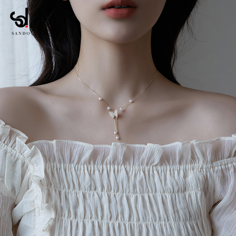 蝴蝶珍珠项链女夏锁骨链小众颈链