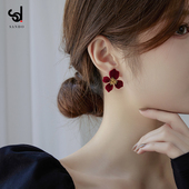 复古红色耳环女纯银小众设计高级感花朵耳钉耳夹耳饰2025新款 爆款