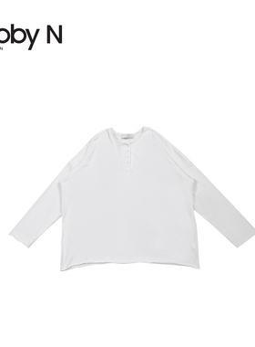 自留款~圆领半扣长袖棉感超好的套头大版型T恤/白色灰色F