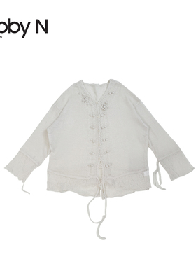 V领长袖钩花花朵点缀抽绳薄针织开衫外套/杏色F