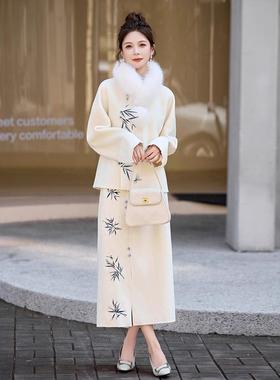 套装2026秋冬款中国风古韵刺绣毛领呢子外套半裙两件套裙ZM25919