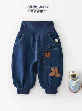新生儿加厚裤子宝宝韩版外穿加绒加厚小熊儿童水洗牛仔裤55858
