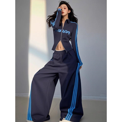 2025春季一整套ootd穿搭高级感藏蓝色双头拉链上衣直筒长裤两件套