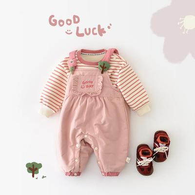 越己女宝宝秋冬装新款洋气宝宝加绒条纹卫衣婴儿背带裤爬服55500