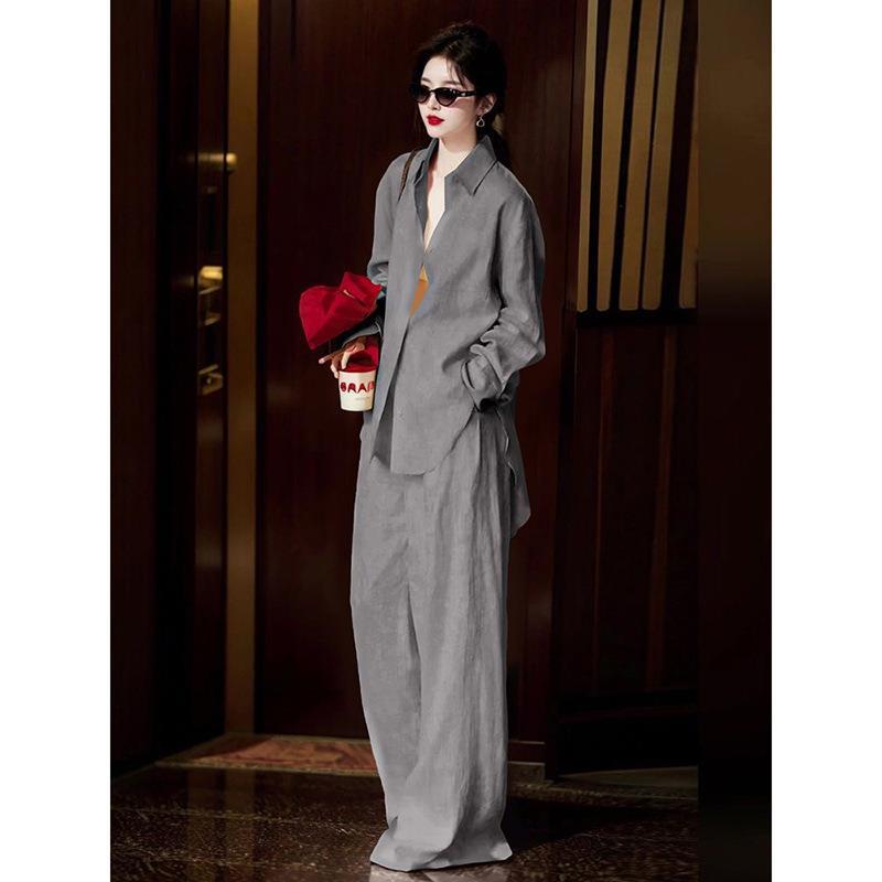 灰色棉麻衬衫套装女夏季韩系慵懒高级轻奢成熟稳重气质长裤两件套